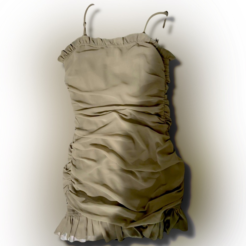 Pretty Little Thing ruched olive green mini dress rousched stretchy bodycon 4 36